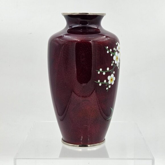 Vintage Japanese Ginbari Cloisonné Vase 1950s Cherry Blossom Pigeon Blood Red - Picture 5 of 6